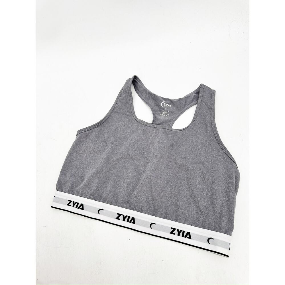 ZYIA Active Sports Bra Medium Gray Racerback Logo Band Gym Workout